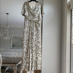 Adrianna Papell Metallic Leaf-Print Wrap Maxi Dress in Silver and Gold